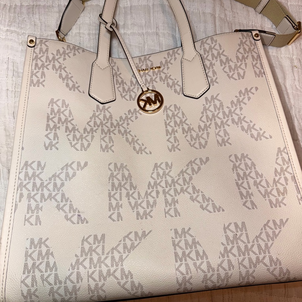 Michael Kors White and Tan Monogram Tote